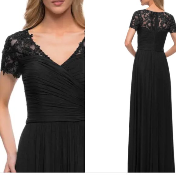LA FEMME FLORAL EMBELLISHED SHEER SHORT SLEEVE BLACK GOWN sz 16 - Picture 1 of 5